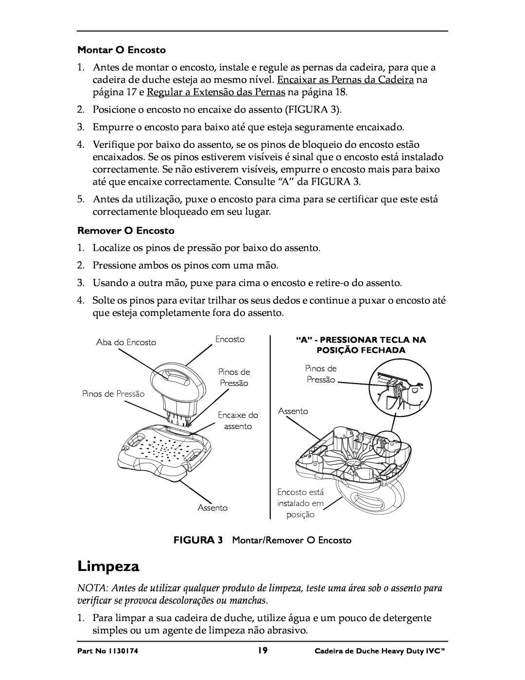 Invacare 9781E, 9780E instruction sheet Limpeza, Montar O Encosto, Remover O Encosto 