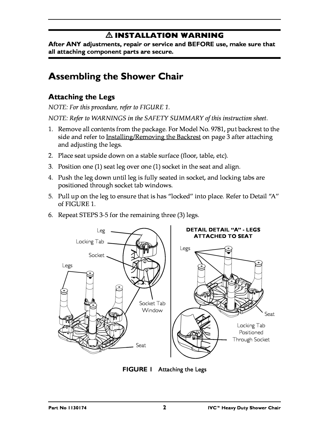 Invacare 9780E, 9781E instruction sheet Assembling the Shower Chair, Installation Warning, Attaching the Legs 