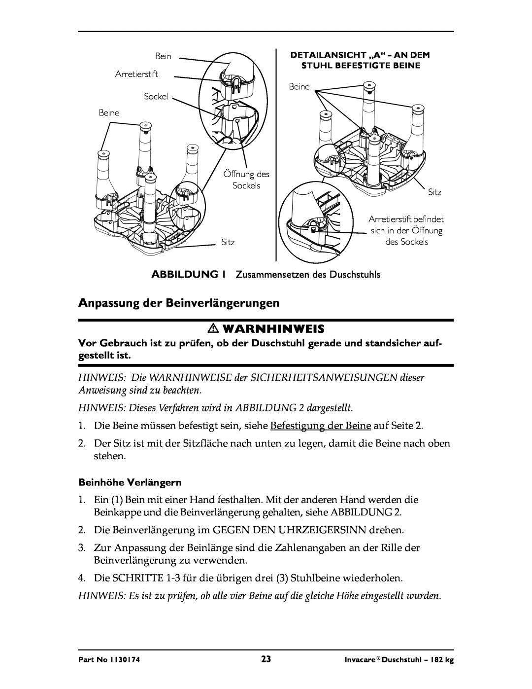 Invacare 9781E, 9780E instruction sheet Anpassung der Beinverlängerungen WARNHINWEIS, Beinhöhe Verlängern 