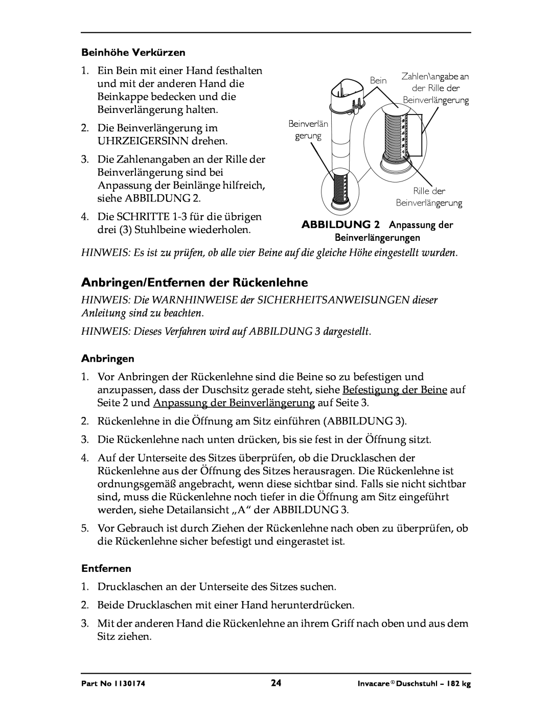 Invacare 9780E, 9781E instruction sheet Anbringen/Entfernen der Rückenlehne, Beinhöhe Verkürzen 