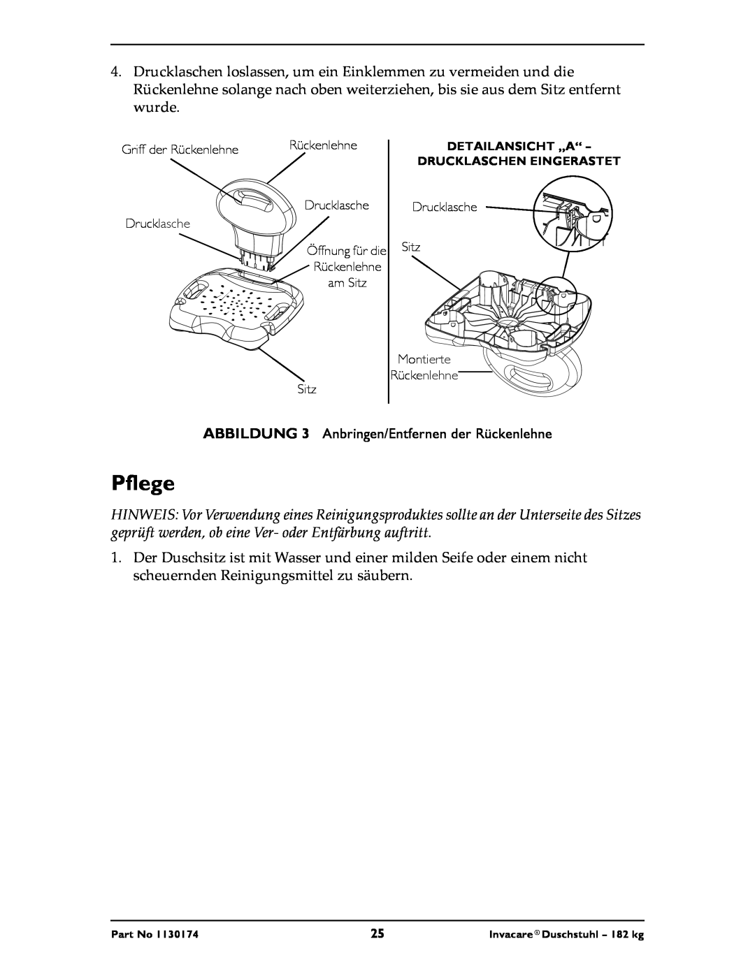 Invacare 9781E, 9780E instruction sheet Pflege, ABBILDUNG 3 Anbringen/Entfernen der Rückenlehne 