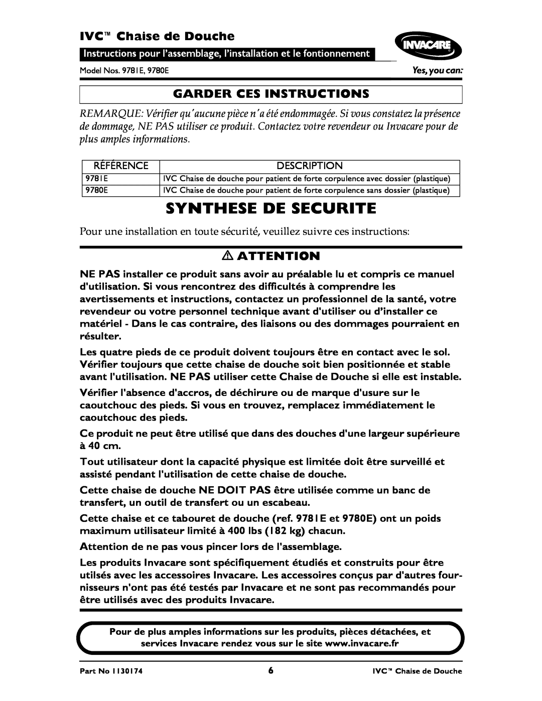 Invacare 9780E, 9781E instruction sheet Synthese De Securite, IVCChaise de Douche, Garder Ces Instructions 