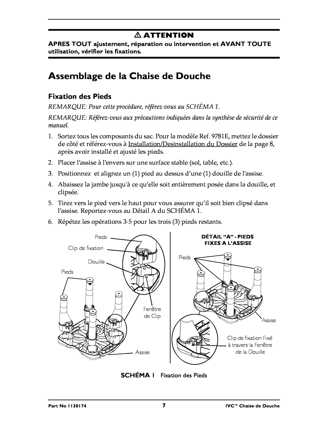 Invacare 9781E, 9780E instruction sheet Assemblage de la Chaise de Douche, Fixation des Pieds 