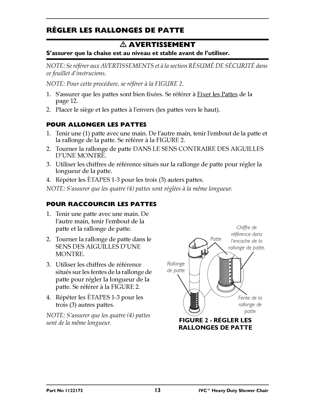 Invacare 9780, 9781 Régler LES Rallonges DE Patte Avertissement, Pour Allonger LES Pattes, Pour Raccourcir LES Pattes 