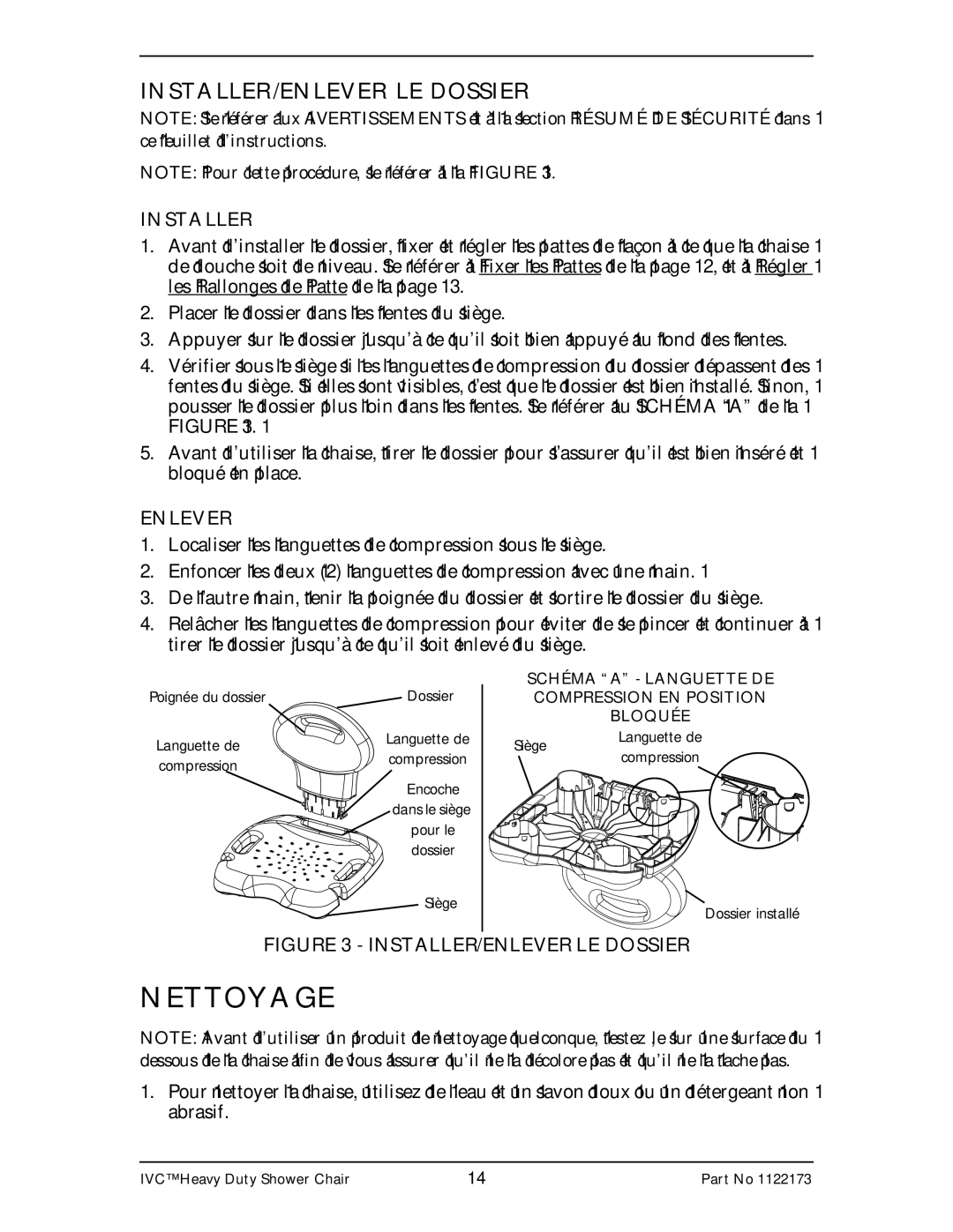 Invacare 9781, 9780 instruction sheet Nettoyage, INSTALLER/ENLEVER LE Dossier, Installer, Enlever 