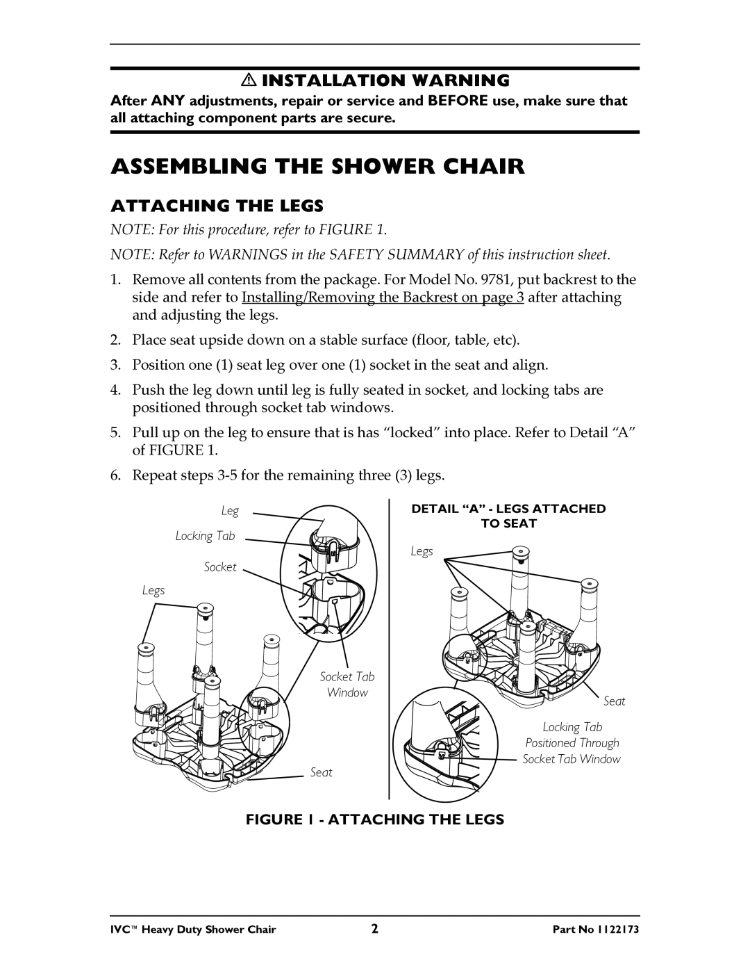 Invacare 9781, 9780 instruction sheet Assembling the Shower Chair, Installation Warning, Attaching the Legs 