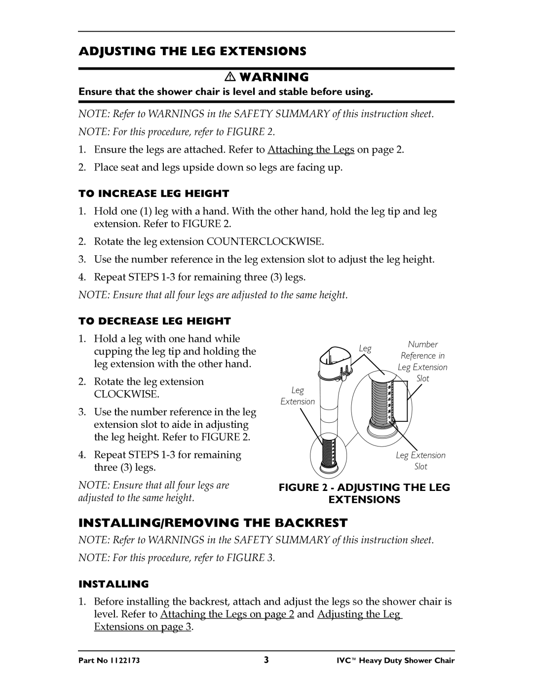 Invacare 9780, 9781 Adjusting the LEG Extensions, INSTALLING/REMOVING the Backrest, To Increase LEG Height, Installing 