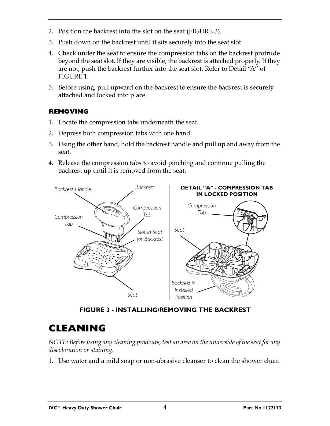 Invacare 9781, 9780 instruction sheet Cleaning, Removing 