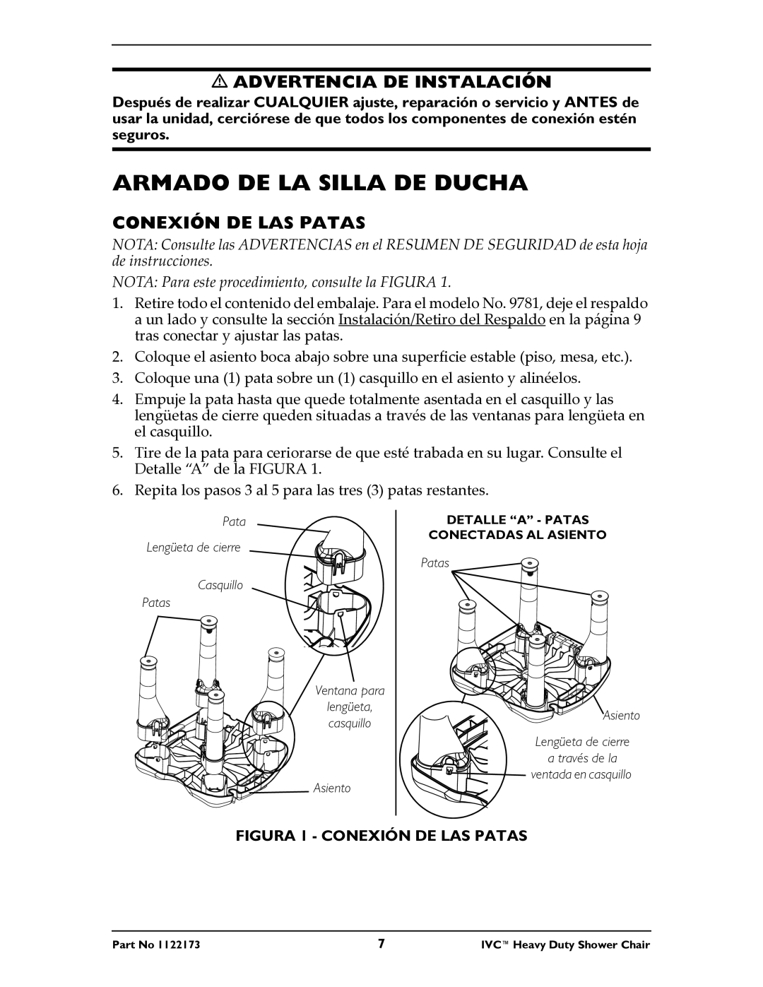 Invacare 9780, 9781 instruction sheet Armado DE LA Silla DE Ducha, Advertencia DE Instalación, Conexión DE LAS Patas 