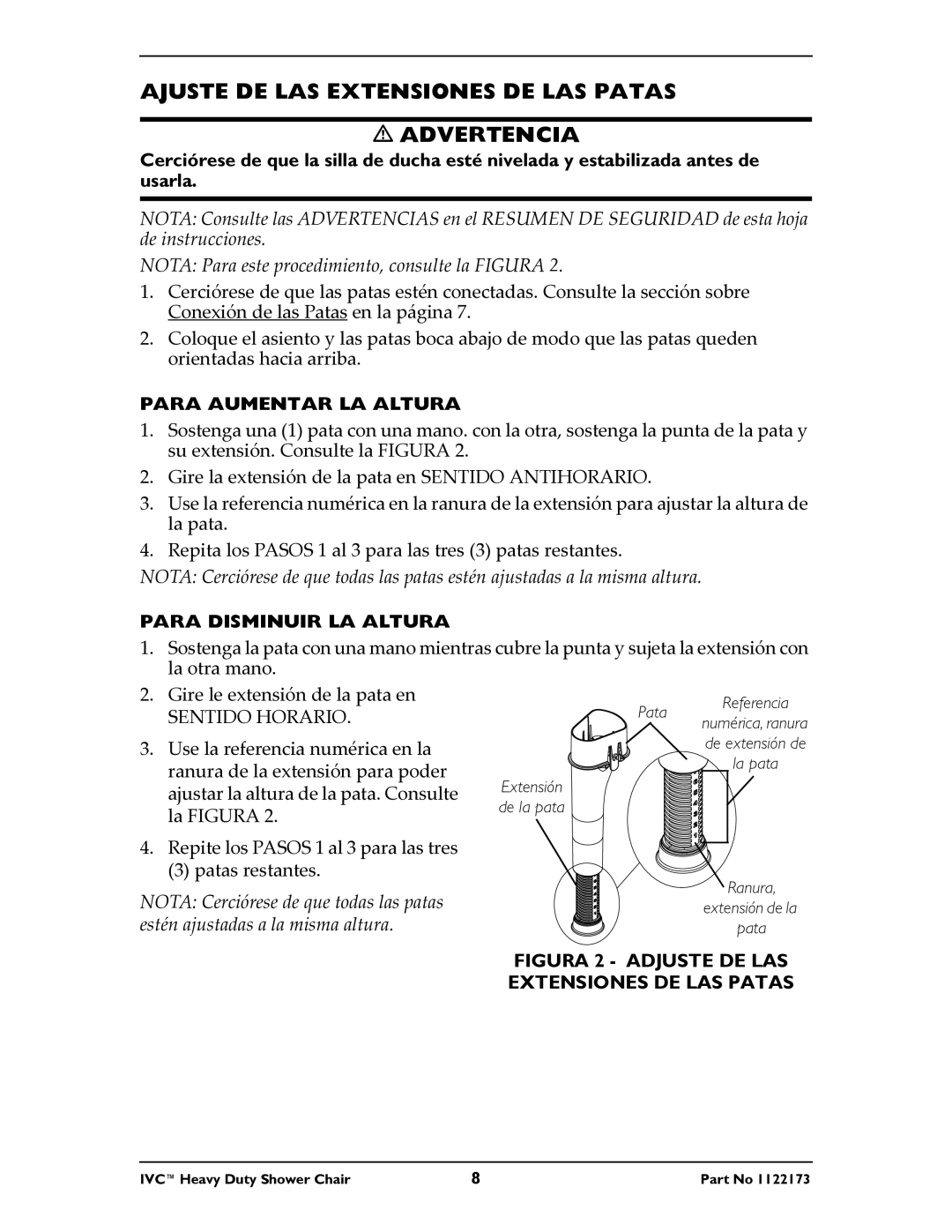 Invacare 9781, 9780 Ajuste DE LAS Extensiones DE LAS Patas Advertencia, Para Aumentar LA Altura, Para Disminuir LA Altura 