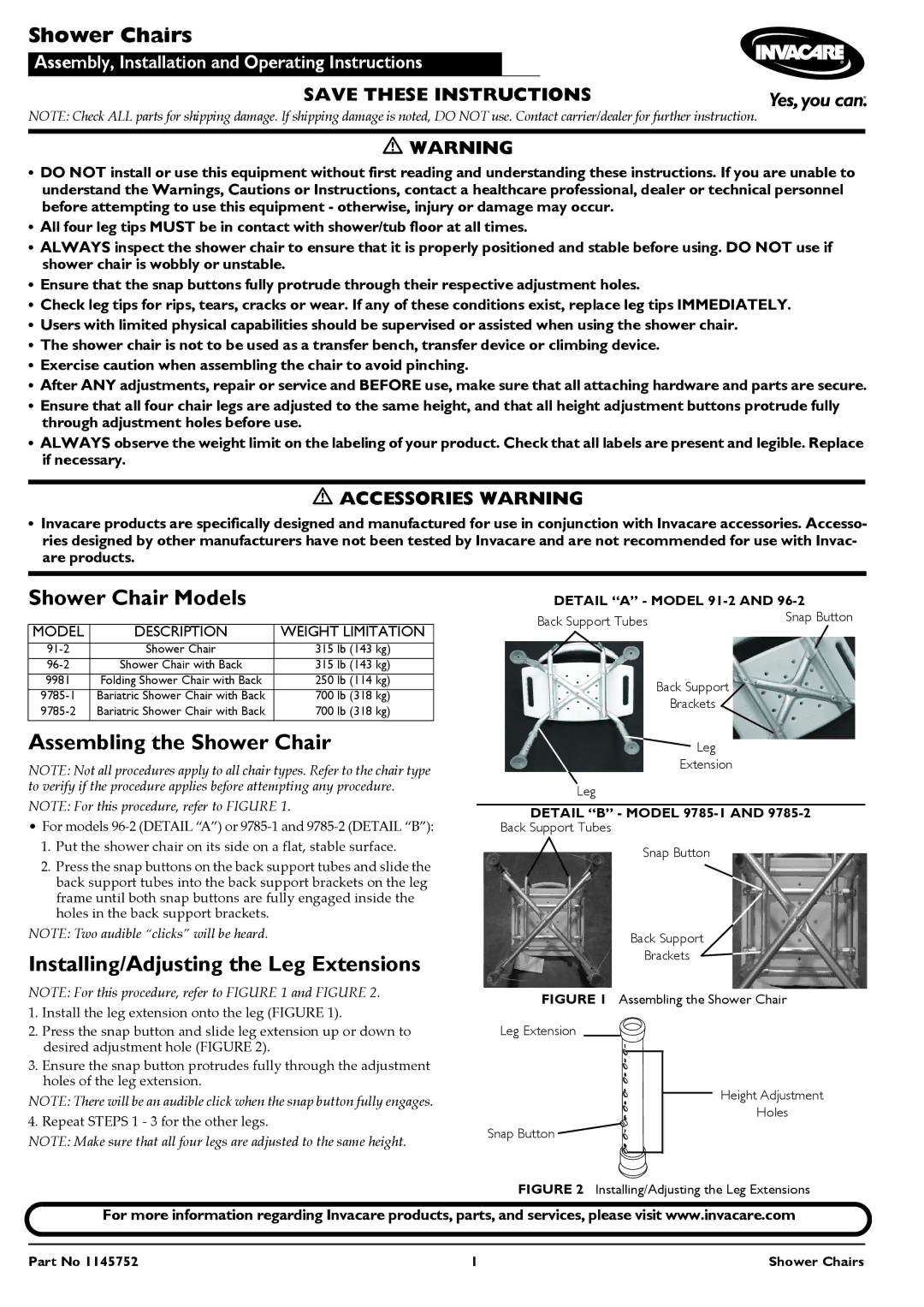 Invacare 9785-2, 9785-1, 9981, 96-2 operating instructions Shower Chairs, Shower Chair Models, Assembling the Shower Chair 