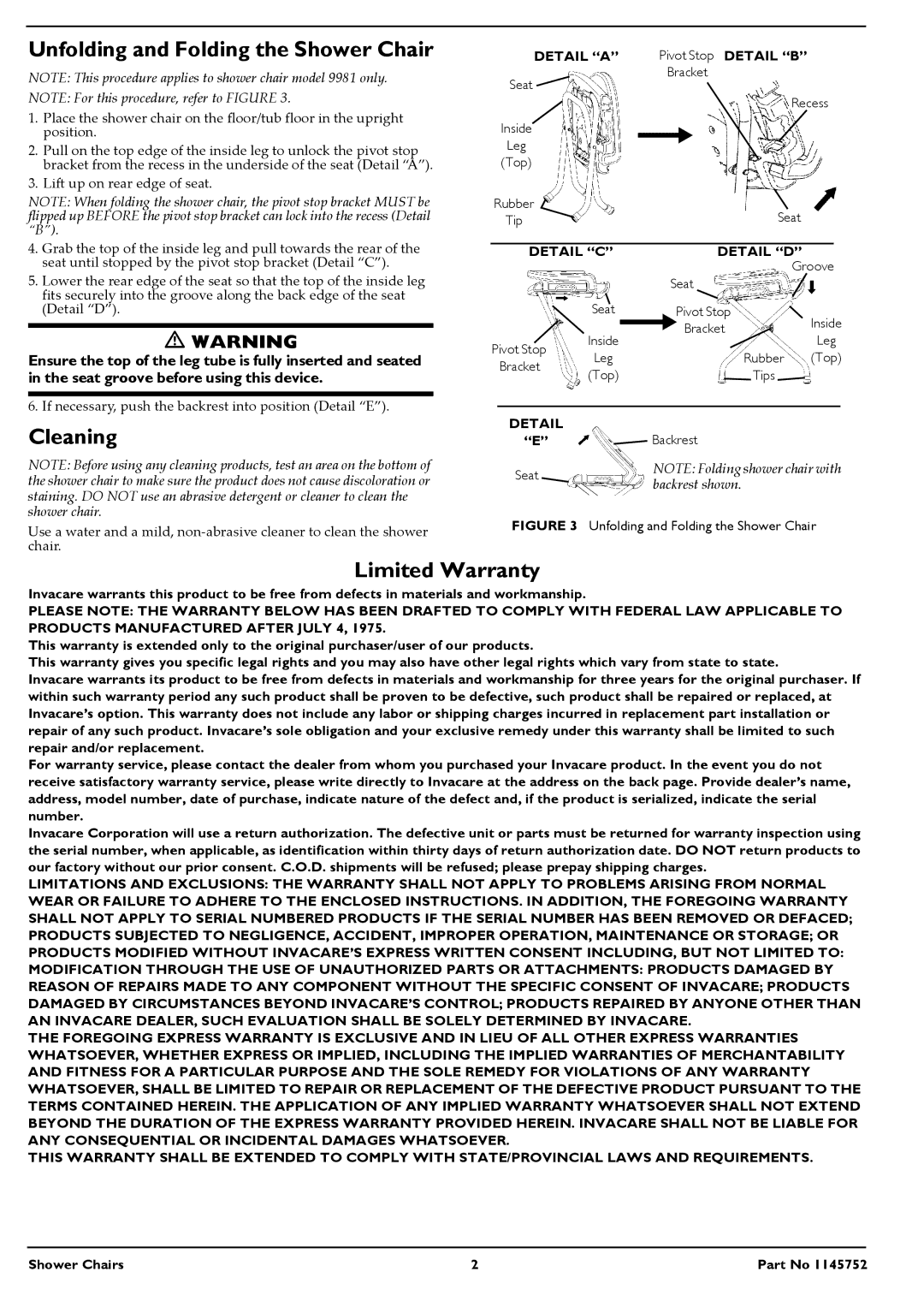 Invacare 9981, 9785-1, 9785-2, 96-2, 91-2 Unfolding and Folding the Shower Chair, Cleaning, Limited Warranty, Shower Chairs 