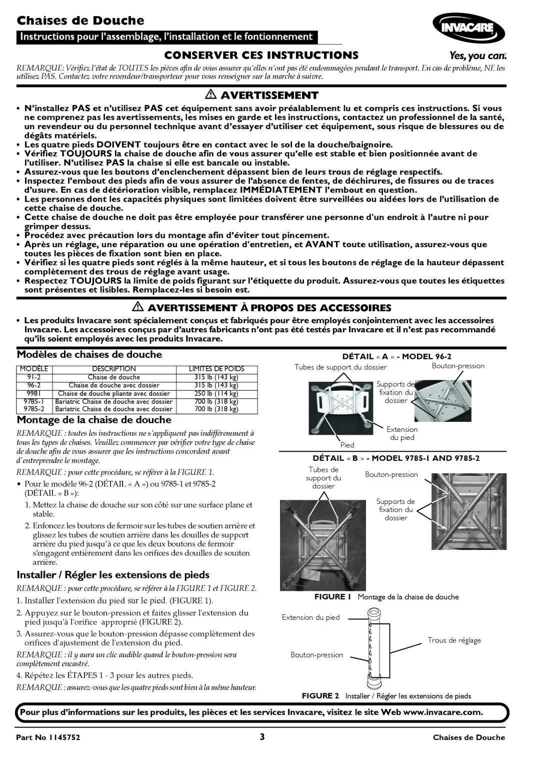 Invacare 96-2, 9785-1, 9785-2, 9981, 91-2 operating instructions Chaises de Douche, Conserver CES Instructions, Avertissement 