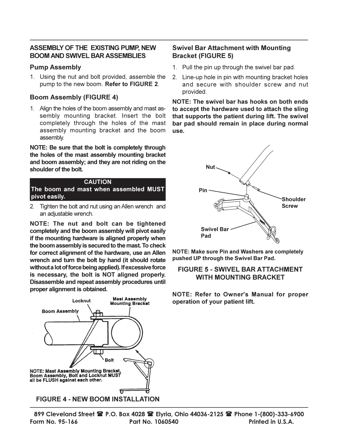 Invacare 9800A instruction sheet Pump Assembly, Boom Assembly Figure, Swivel Bar Attachment with Mounting Bracket Figure 