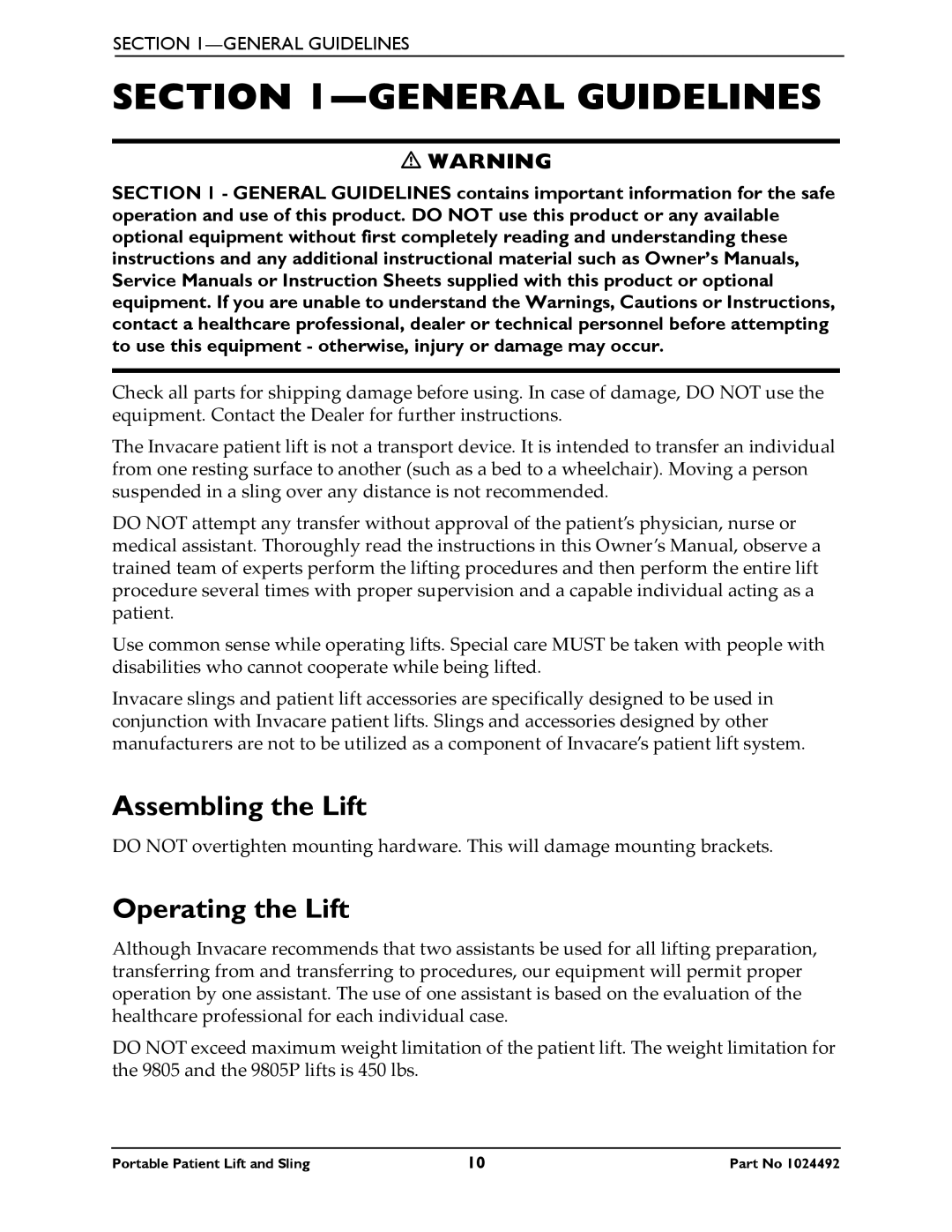 Invacare 9805P manual General Guidelines, Assembling the Lift, Operating the Lift 