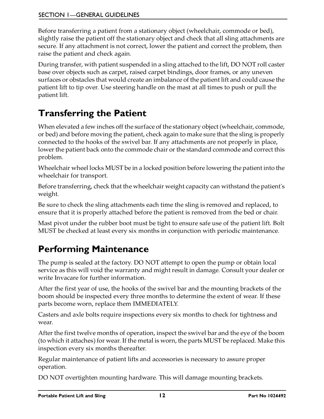 Invacare 9805P manual Transferring the Patient, Performing Maintenance 