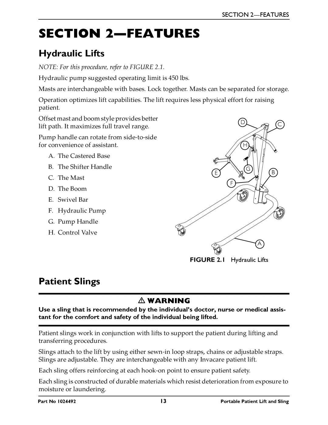 Invacare 9805P manual Features, Hydraulic Lifts, Patient Slings 