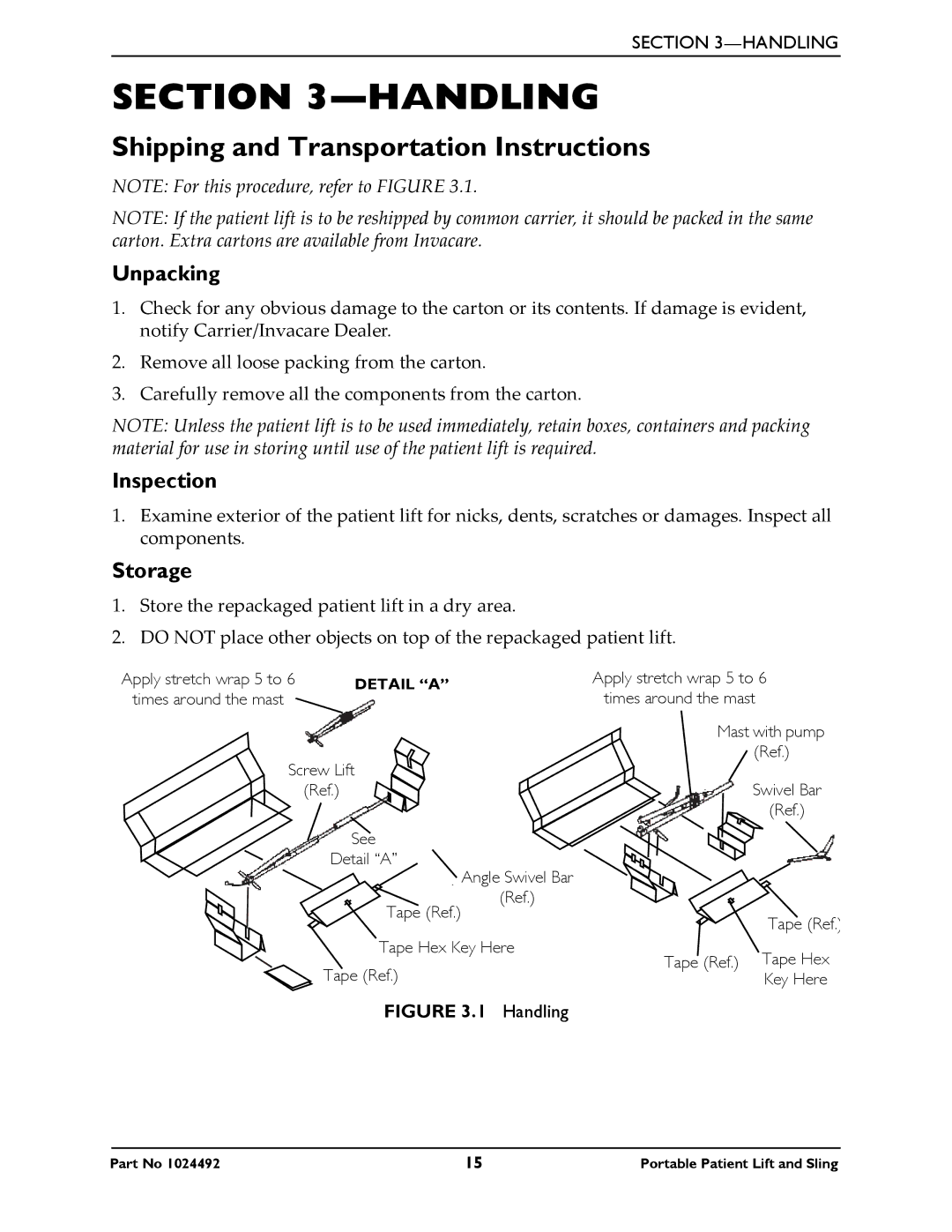 Invacare 9805P manual Handling, Shipping and Transportation Instructions, Unpacking, Inspection, Storage 