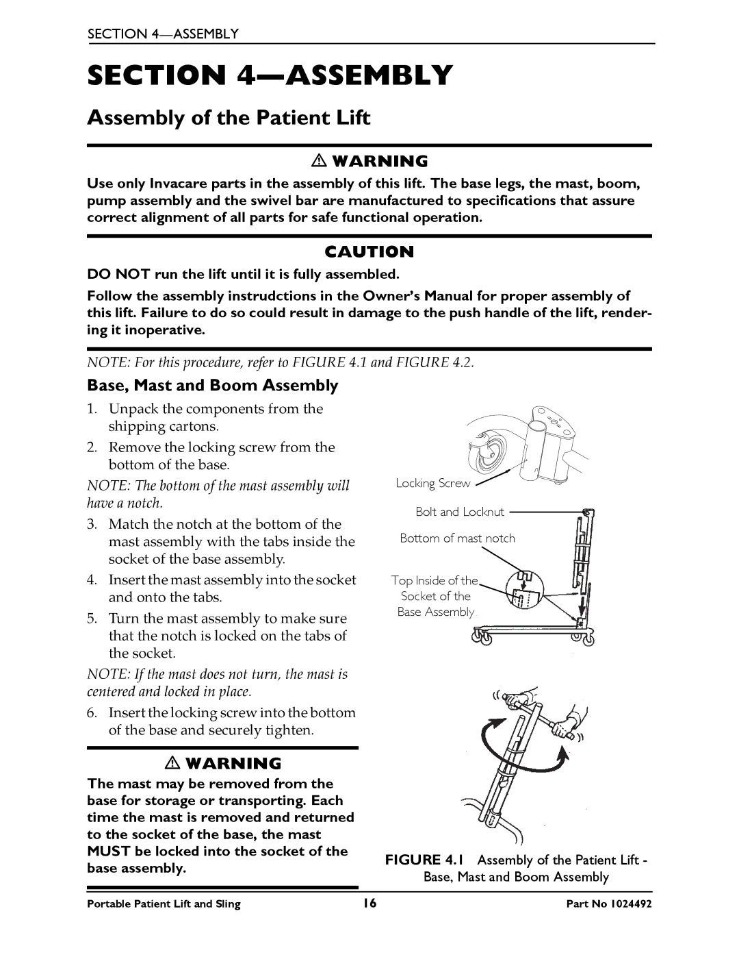 Invacare 9805P manual Assembly of the Patient Lift, Base, Mast and Boom Assembly 