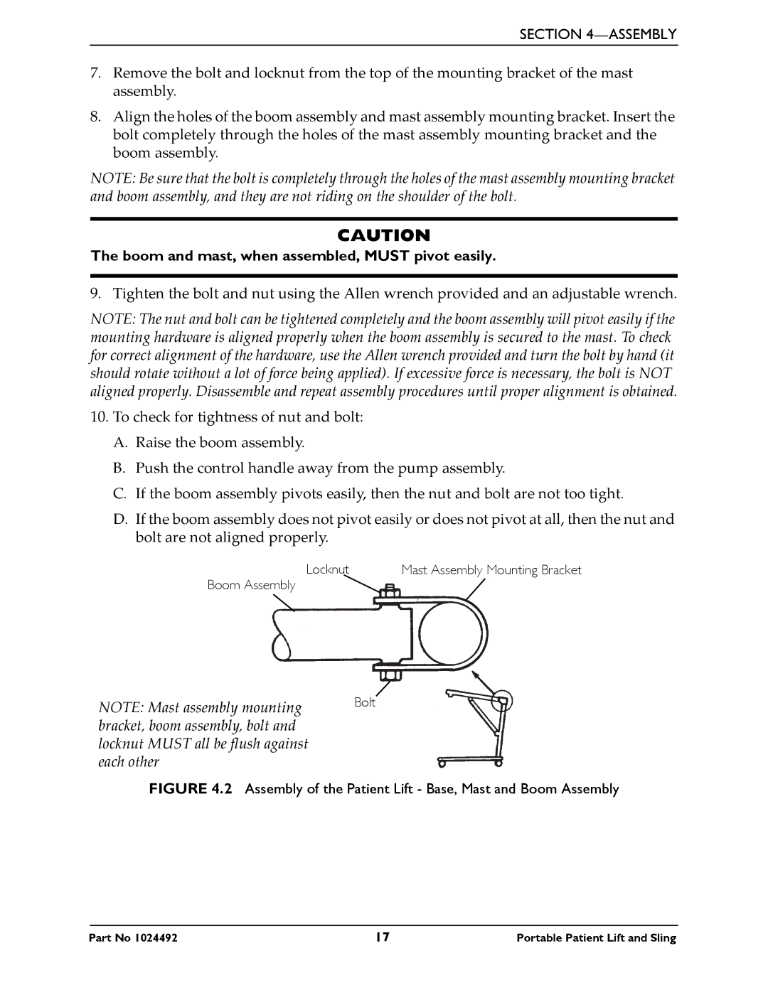 Invacare 9805P manual Boom and mast, when assembled, Must pivot easily 