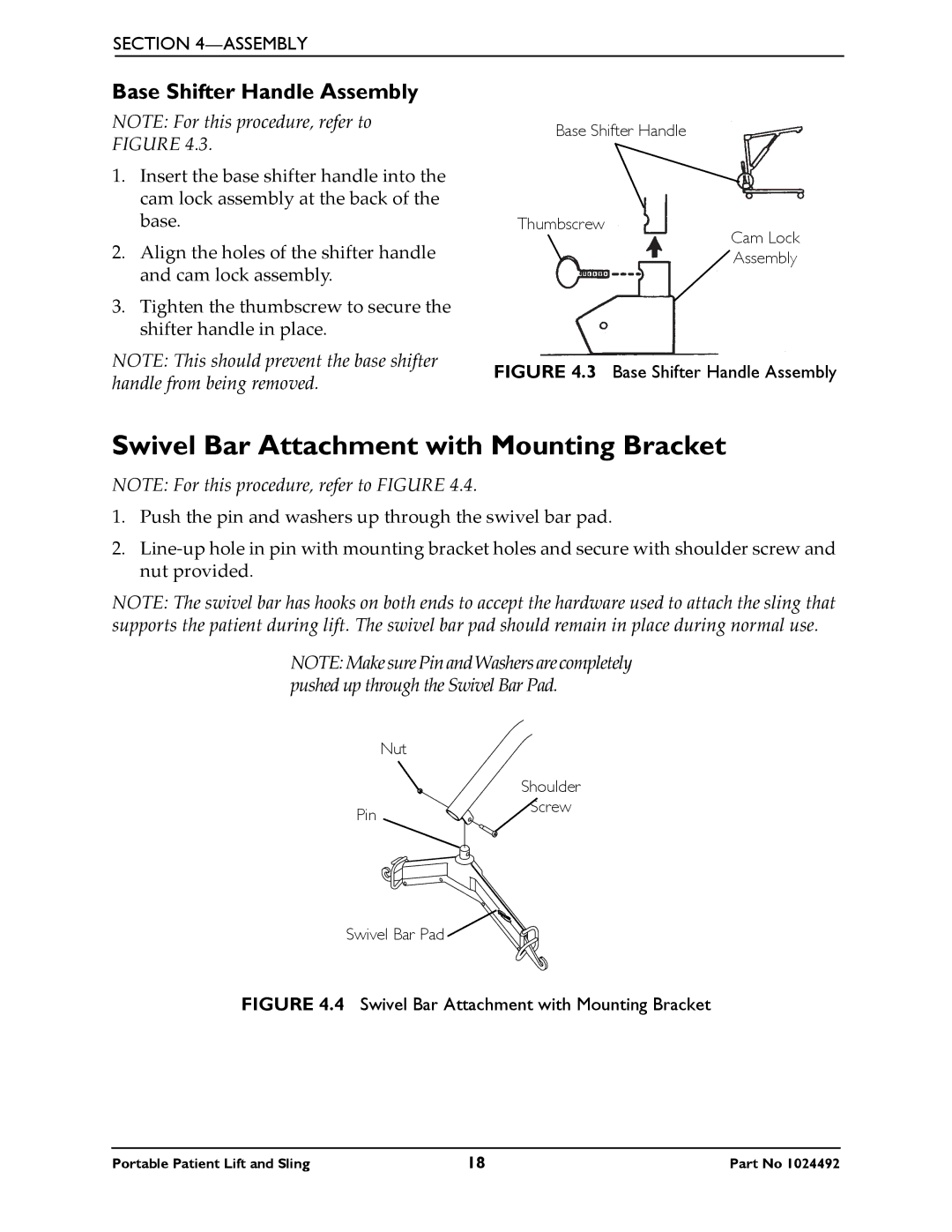 Invacare 9805P manual Swivel Bar Attachment with Mounting Bracket, Base Shifter Handle Assembly 