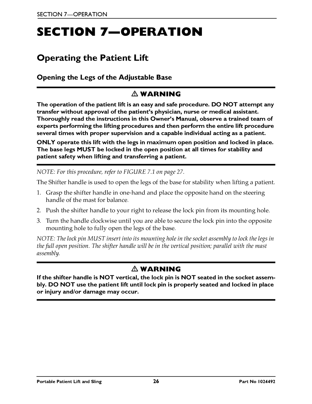 Invacare 9805P manual Operation, Operating the Patient Lift, Opening the Legs of the Adjustable Base 