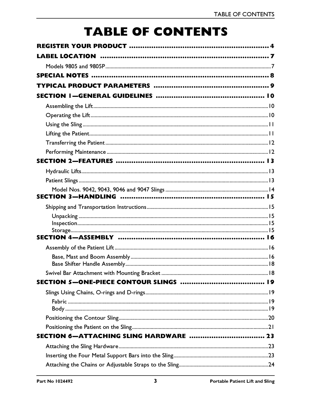 Invacare 9805P manual Table of Contents 