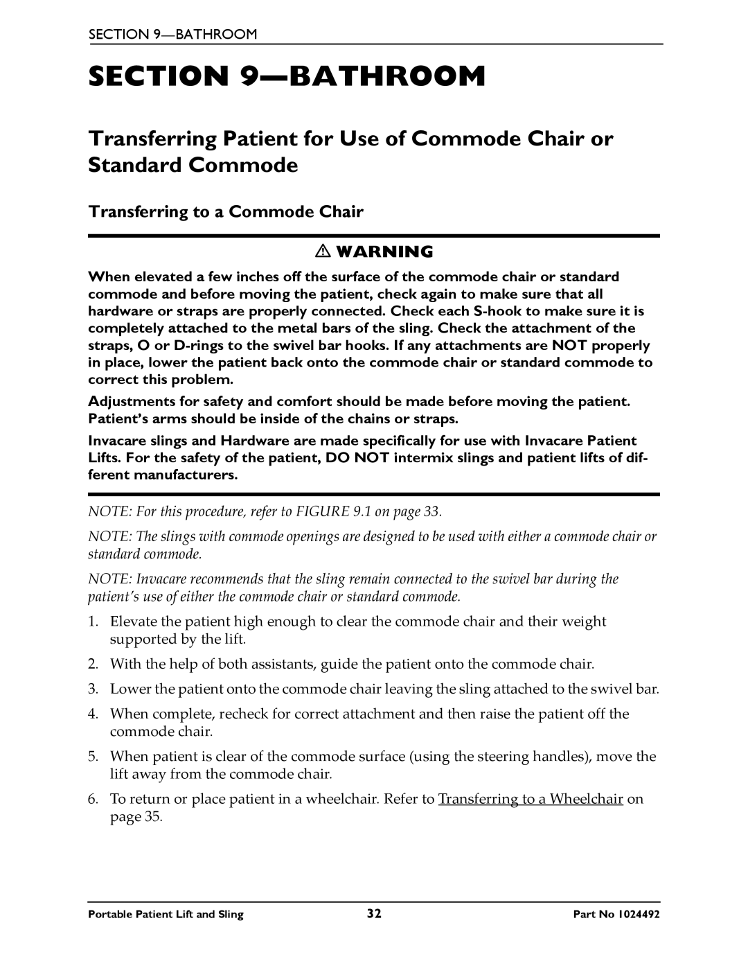 Invacare 9805P manual Bathroom, Transferring to a Commode Chair 