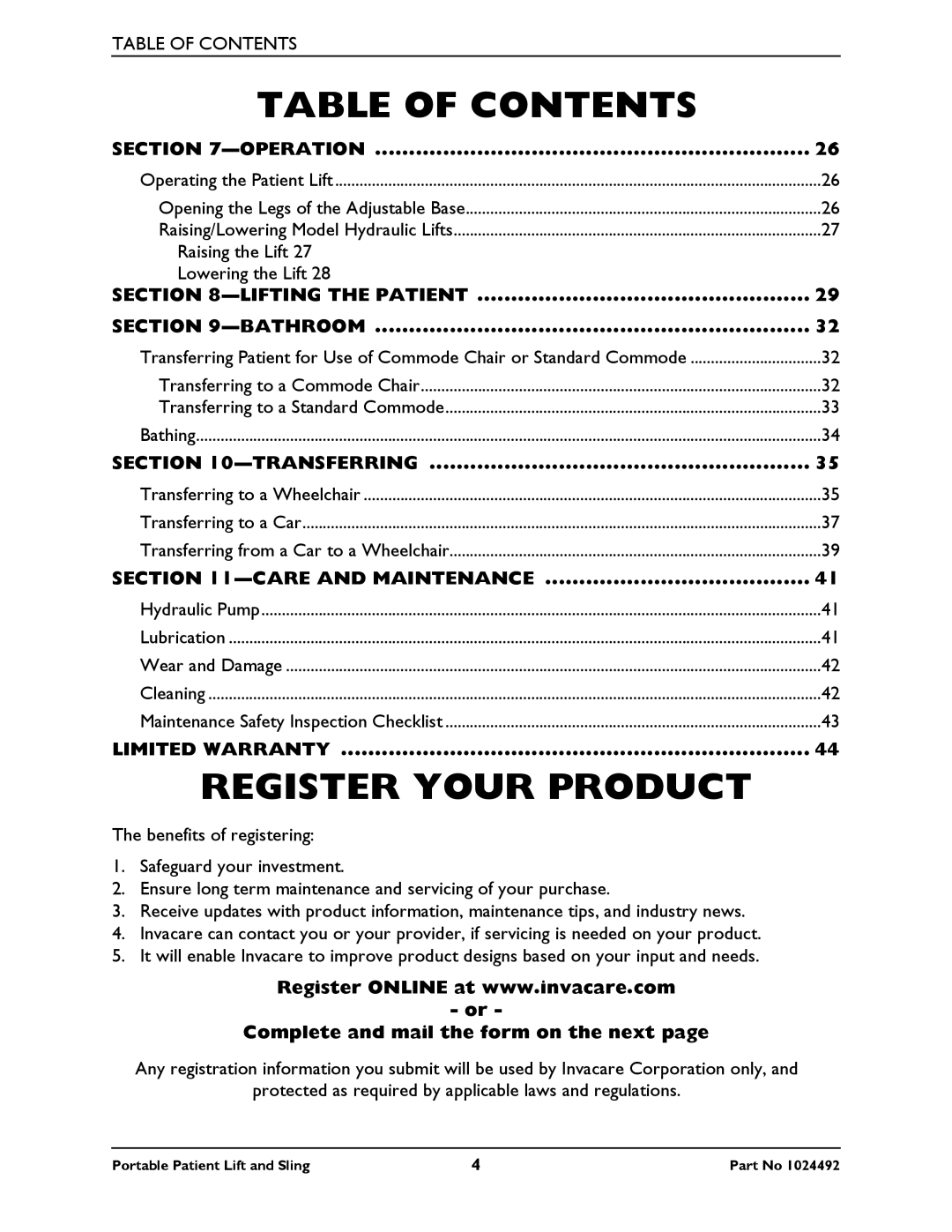 Invacare 9805P manual Register Your Product, Operation 