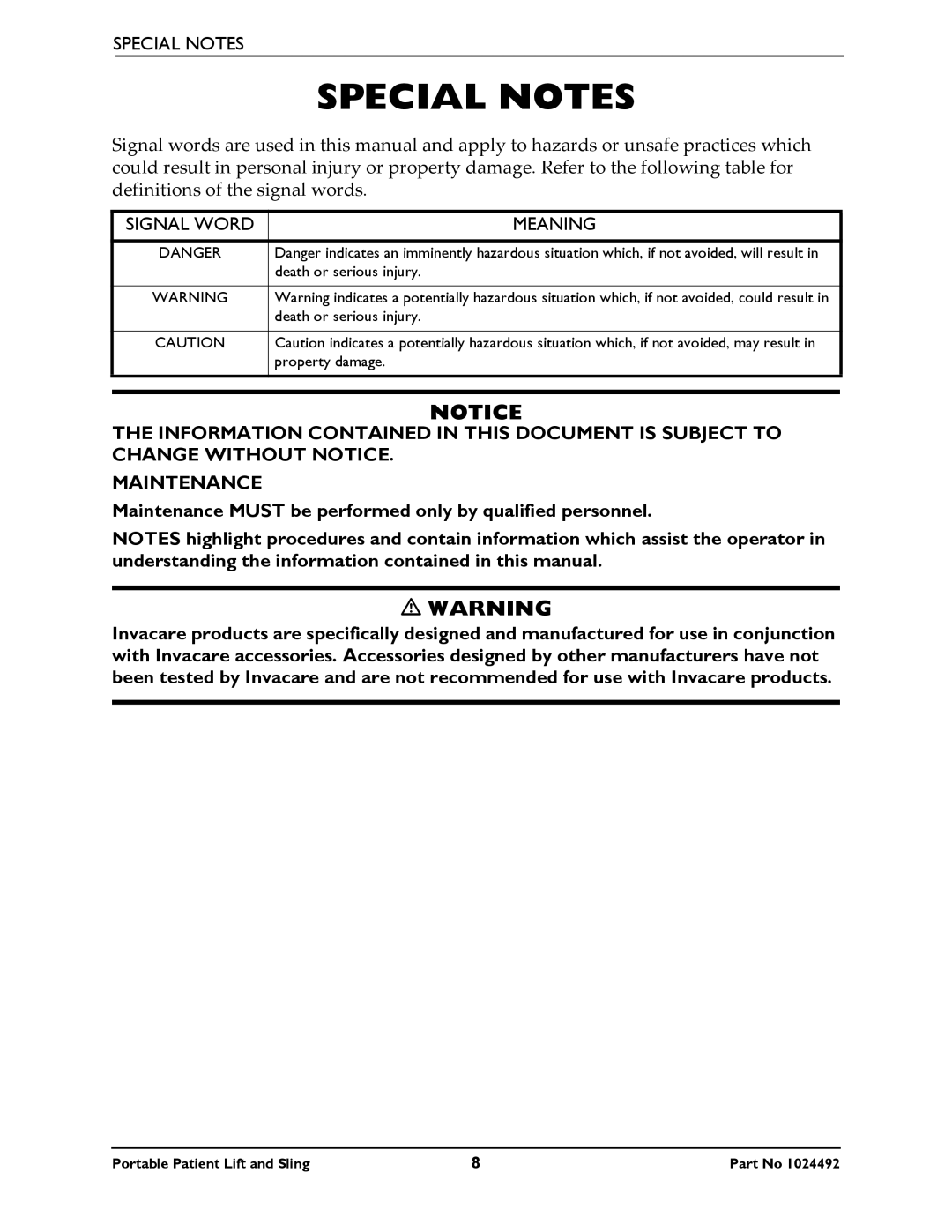 Invacare 9805P manual Special Notes, Maintenance Must be performed only by qualified personnel 