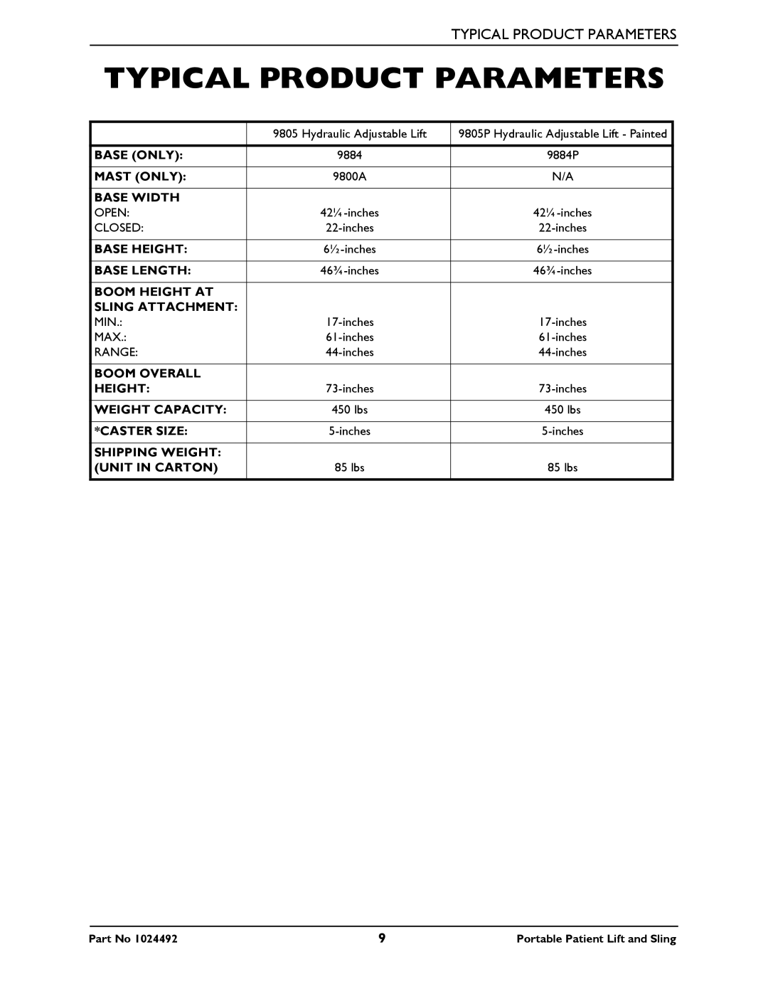 Invacare 9805P manual Typical Product Parameters 