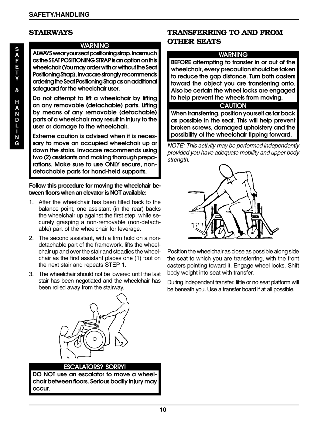 Invacare 9859, 9758 manual Stairways, Transferring to and from Other Seats 