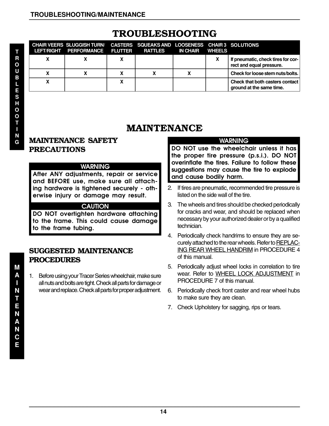 Invacare 9859, 9758 manual Troubleshooting, Maintenance Safety Precautions, Suggested Maintenance Procedures 