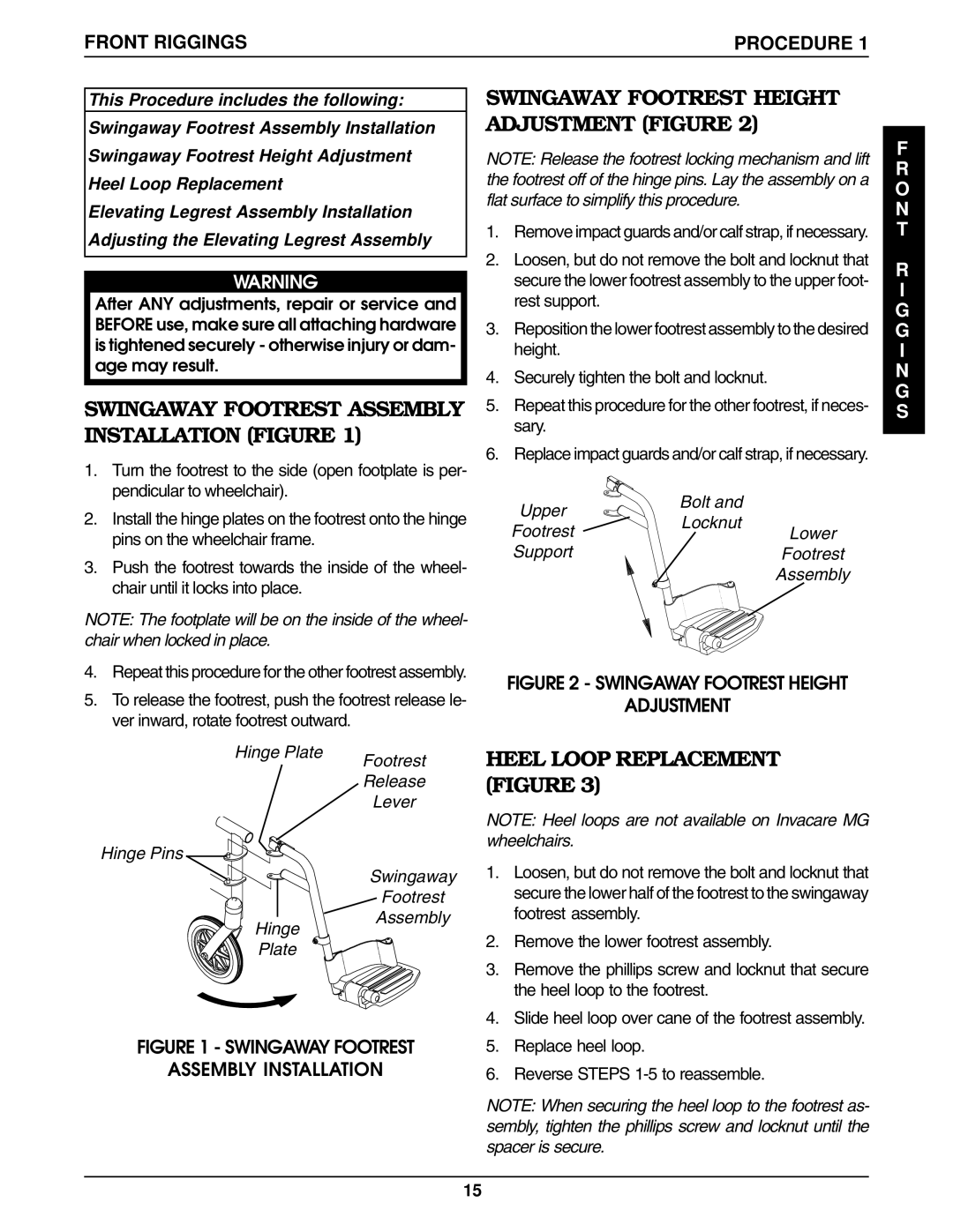 Invacare 9758, 9859 manual Heel Loop Replacement Figure, Swingaway Footrest Assembly Installation Figure, Front Riggings 