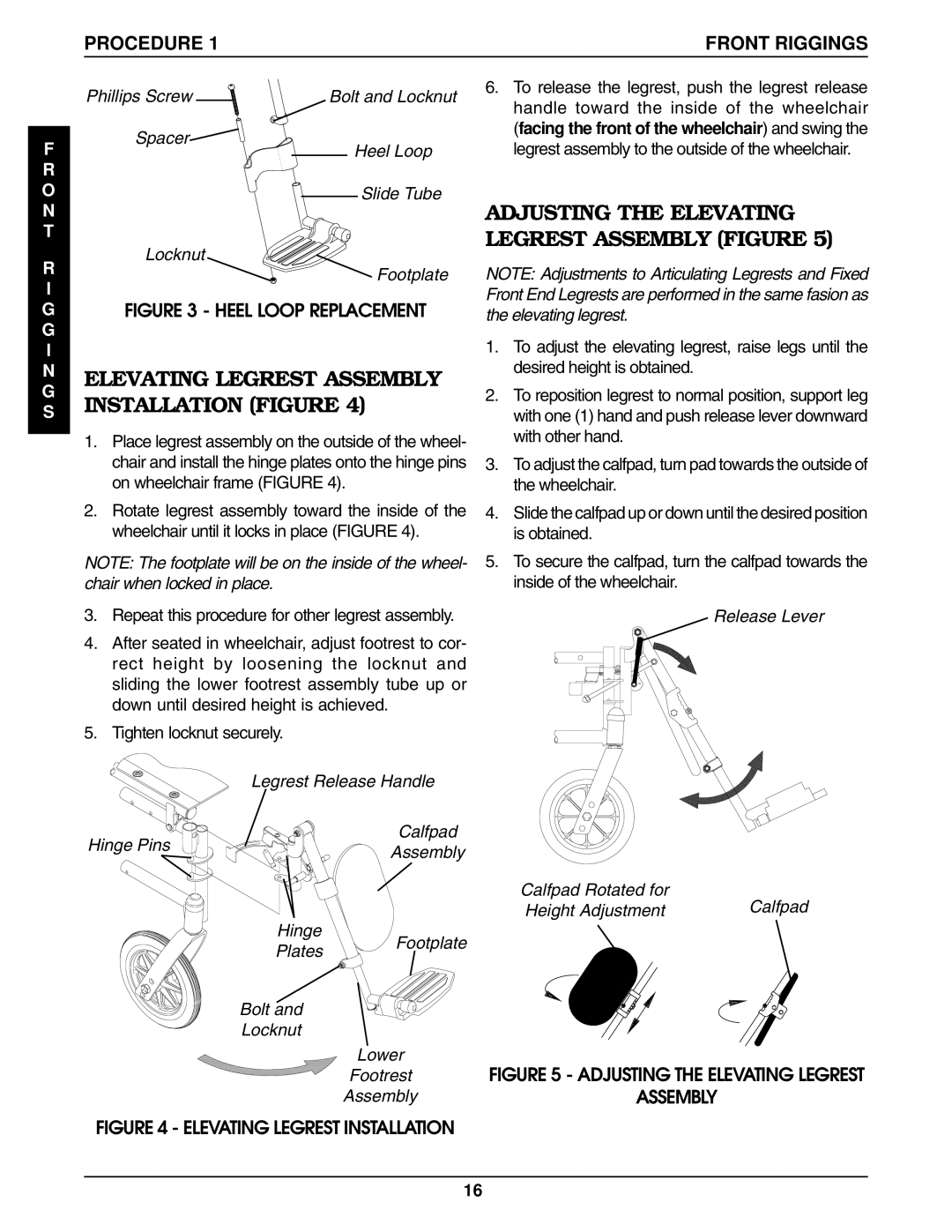 Invacare 9859, 9758 manual Elevating Legrest Assembly Installation Figure, Adjusting the Elevating Legrest Assembly Figure 