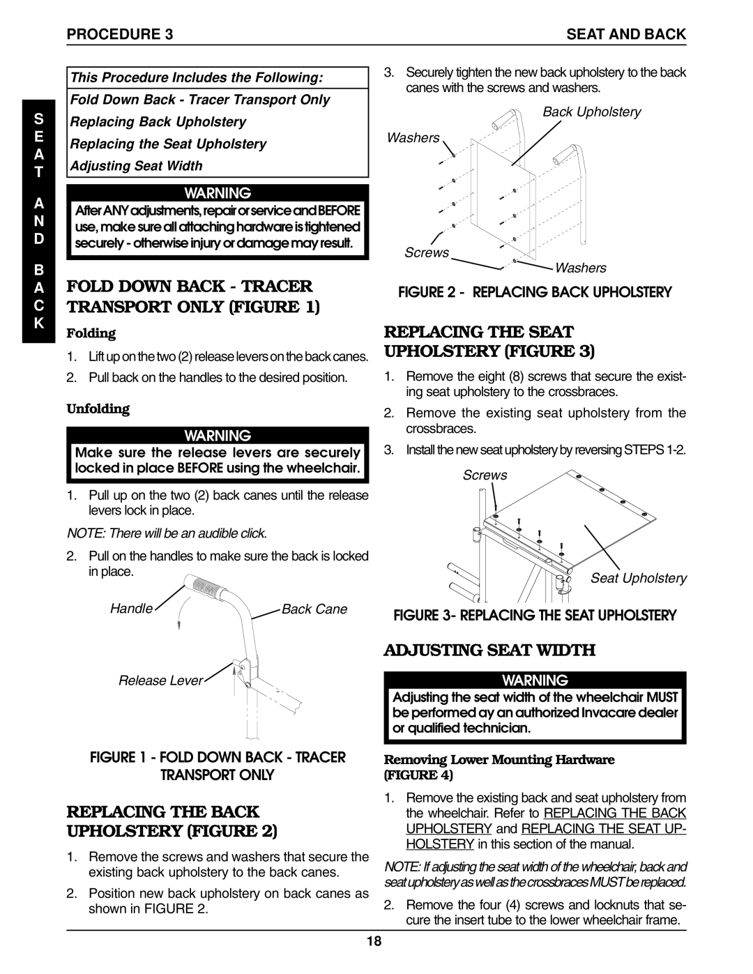 Invacare 9859 Replacing the Seat Upholstery Figure, Replacing the Back Upholstery Figure, Adjusting Seat Width, Procedure 