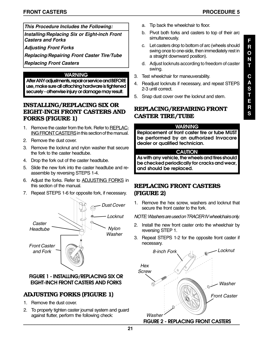 Invacare 9758, 9859 Adjusting Forks Figure, REPLACING/REPAIRING Front Caster TIRE/TUBE, Replacing Front Casters Figure 