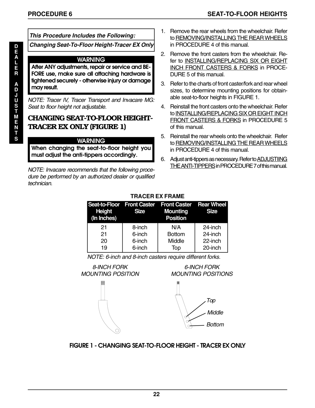 Invacare 9859, 9758 manual Changing SEAT-TO-FLOOR HEIGHT- Tracer EX only Figure 