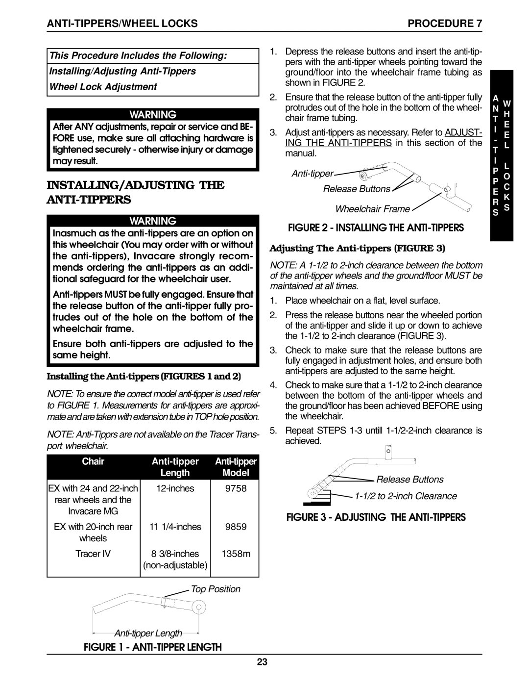 Invacare 9758, 9859 INSTALLING/ADJUSTING the ANTI-TIPPERS, ANTI-TIPPERS/WHEEL Locks, Installing the Anti-tippers Figures 1 