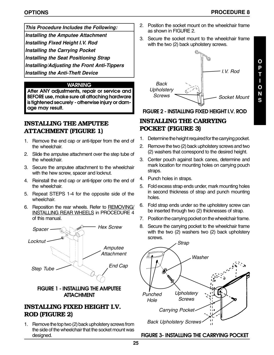 Invacare 9758, 9859 manual Installing Fixed Height I.V. ROD Figure, Installing the Amputee Attachment Figure, Options 