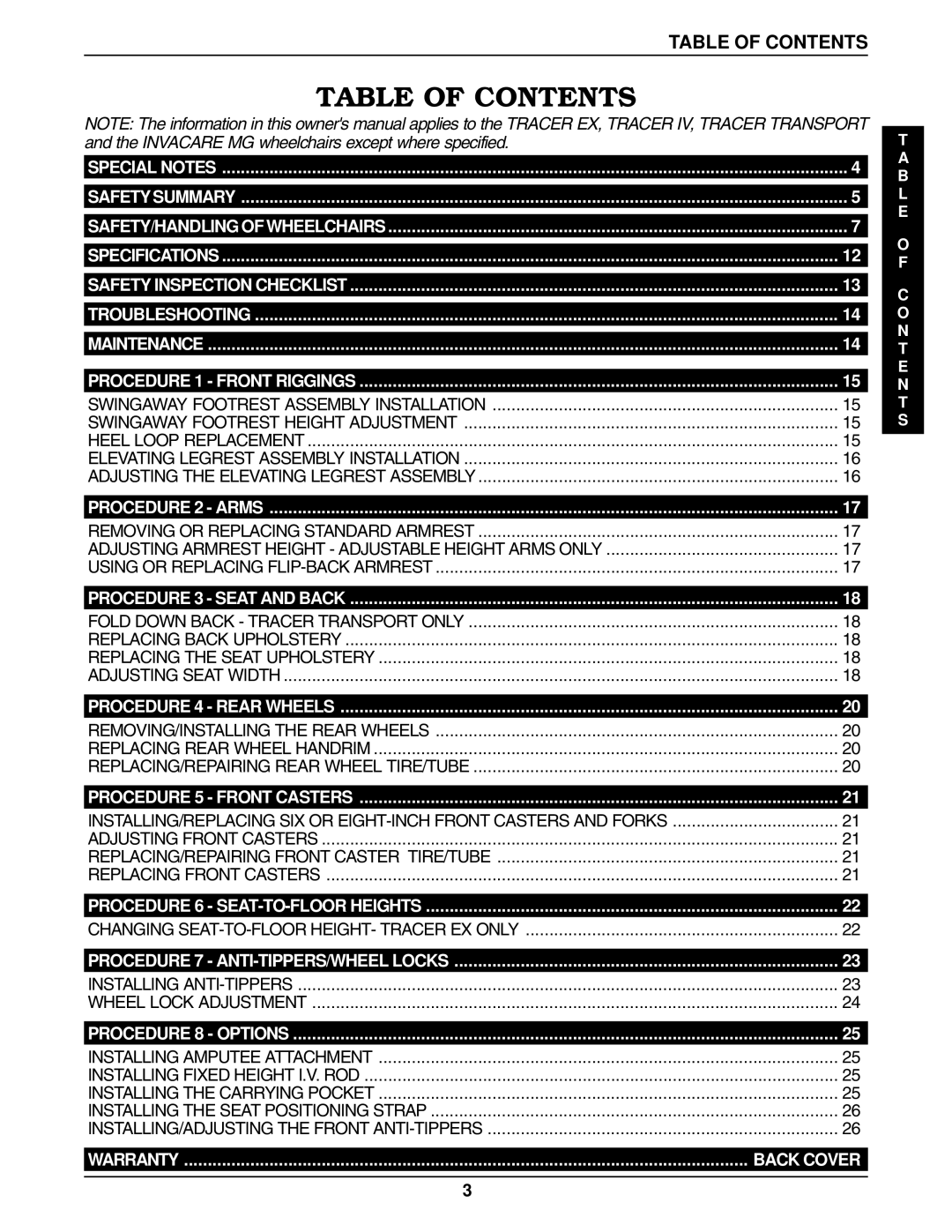 Invacare 9758, 9859 manual Table of Contents 