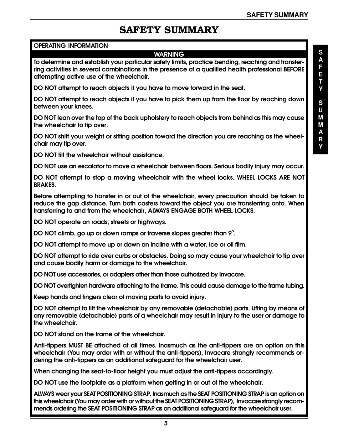 Invacare 9758, 9859 manual Safety Summary 