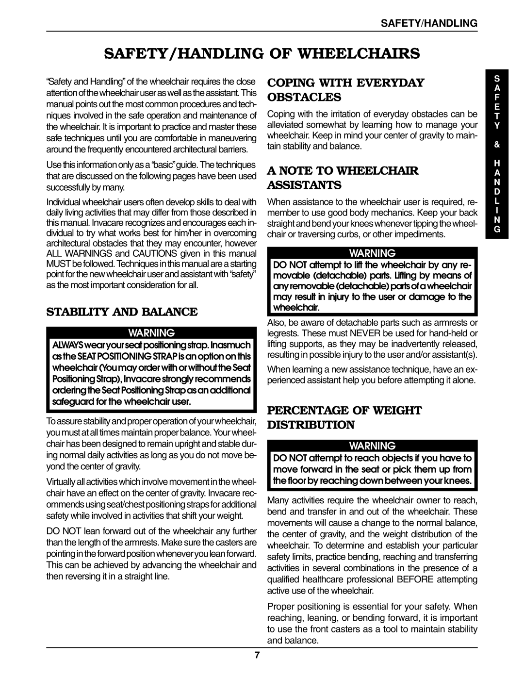 Invacare 9758, 9859 manual SAFETY/HANDLING of Wheelchairs, Stability and Balance, Coping with Everyday Obstacles, Assistants 