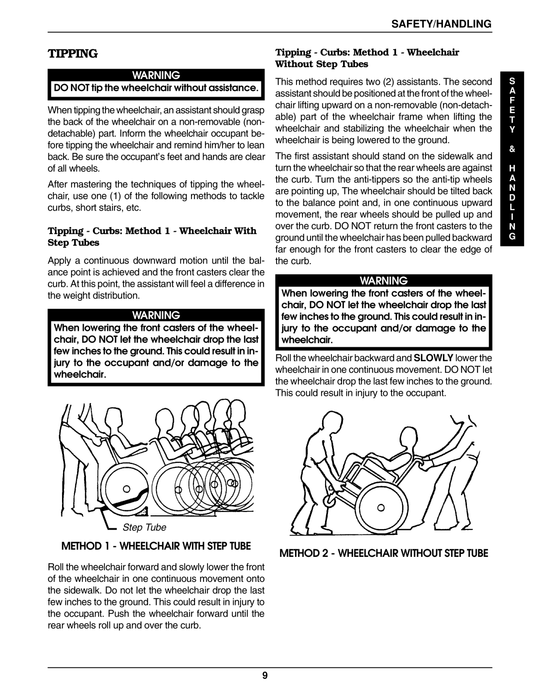 Invacare 9758, 9859 manual Without Step Tubes, Tipping Curbs Method 1 Wheelchair With Step Tubes 