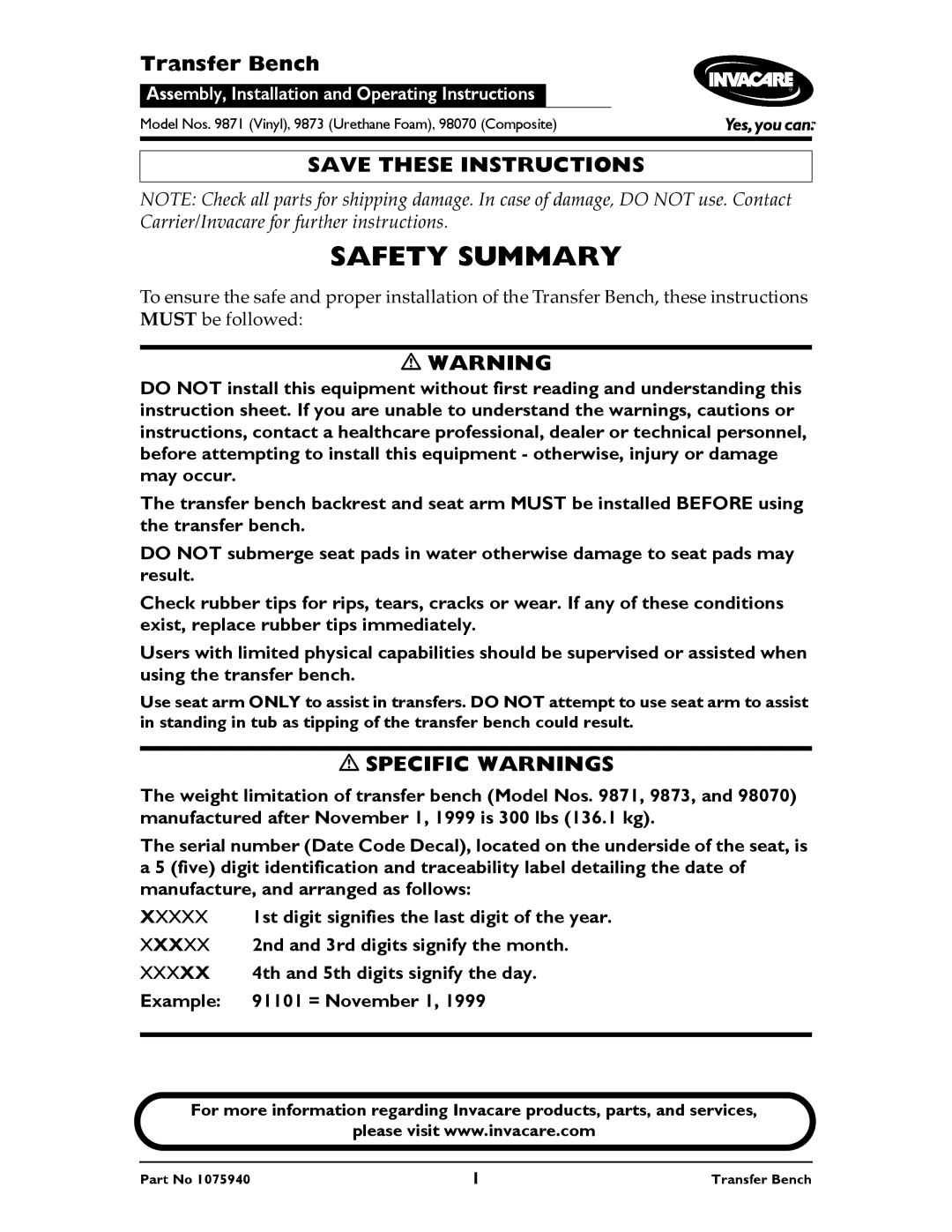 Invacare 98070, 9873, 9871 instruction sheet Safety Summary, Transfer Bench 