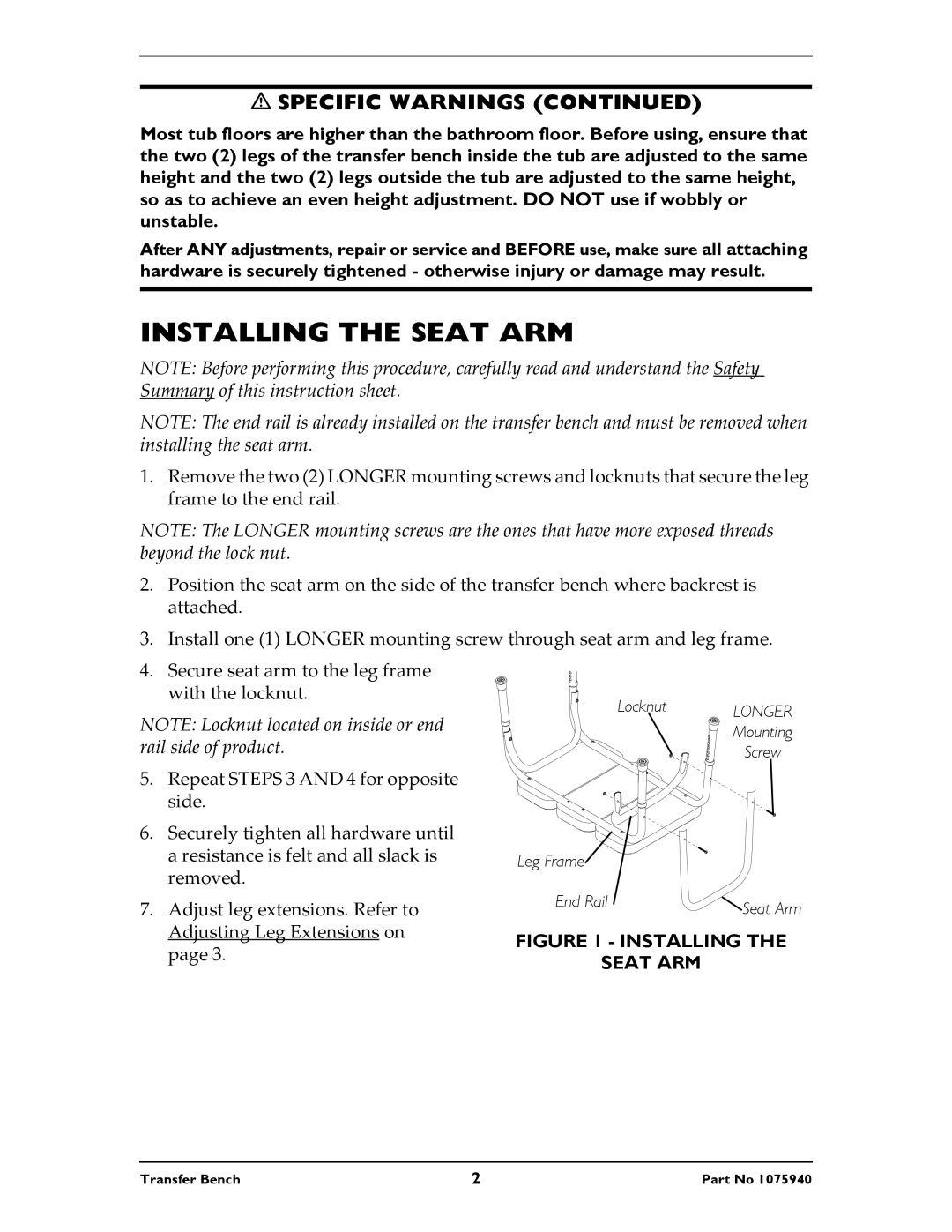 Invacare 9871, 9873, 98070 instruction sheet Installing the Seat ARM, Installing Seat ARM 