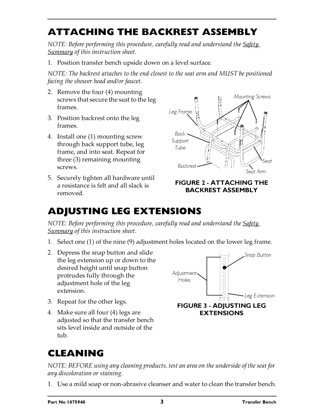 Invacare 9873, 98070, 9871 instruction sheet Attaching the Backrest Assembly, Adjusting LEG Extensions, Cleaning 