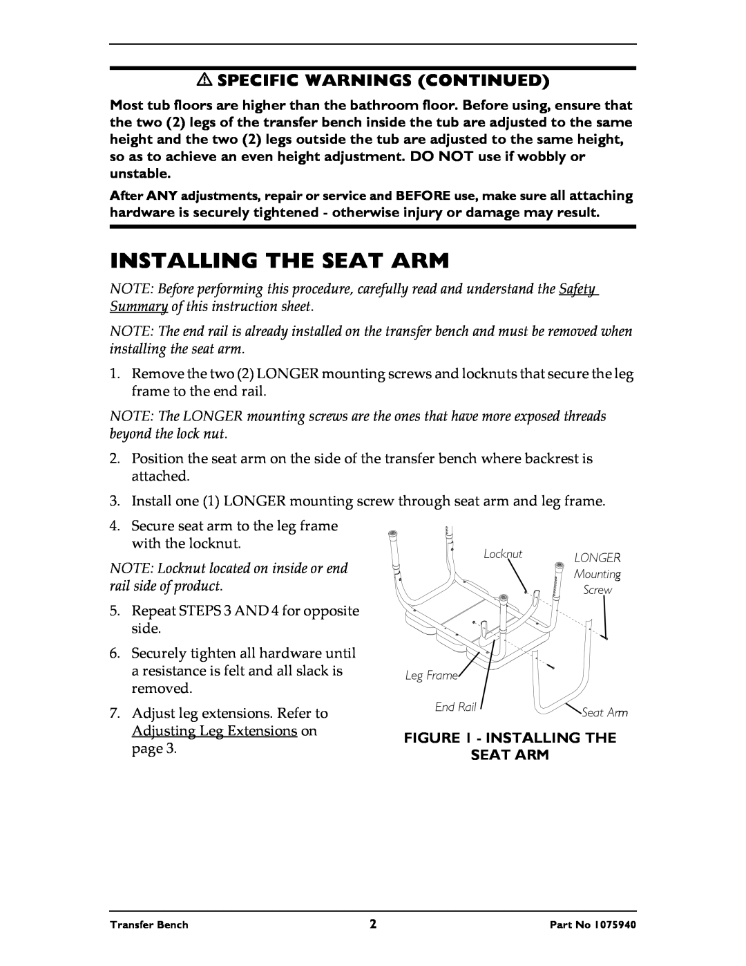 Invacare 9871, 9873, 98070 instruction sheet Installing The Seat Arm, Specific Warnings Continued 