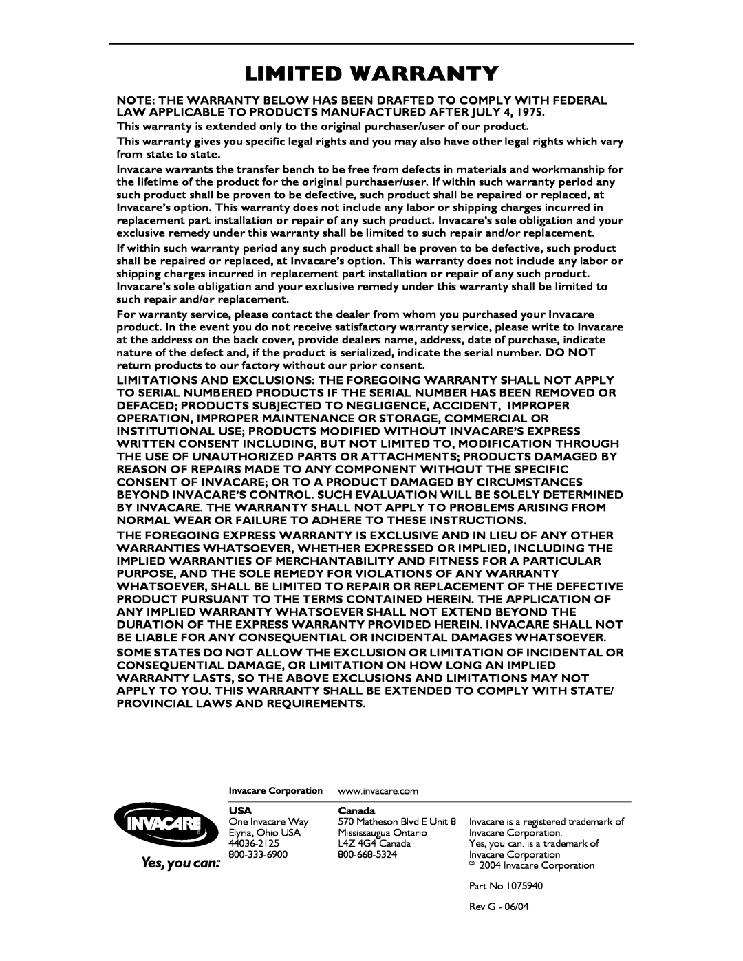 Invacare 98070, 9873, 9871 instruction sheet Limited Warranty, Canada 