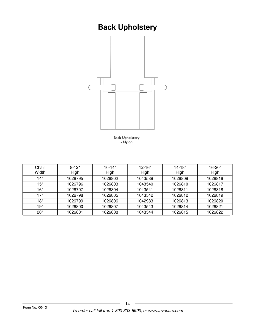 Invacare A-6 manual Back Upholstery 